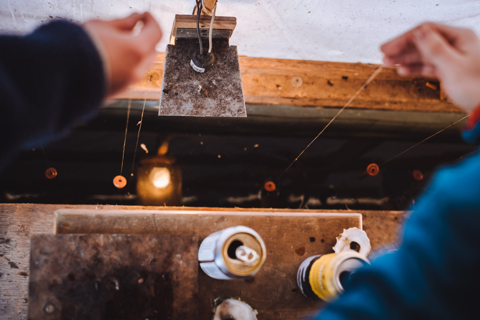 Beer and lines in a smelting shack in Maine