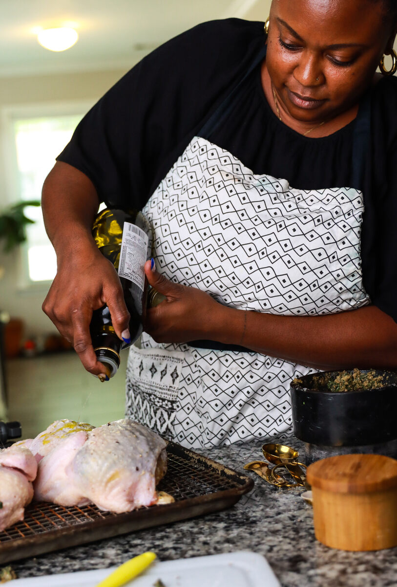 Stephanie Grant prepares a chicken for an Allagash Tripel pairing dinner party.