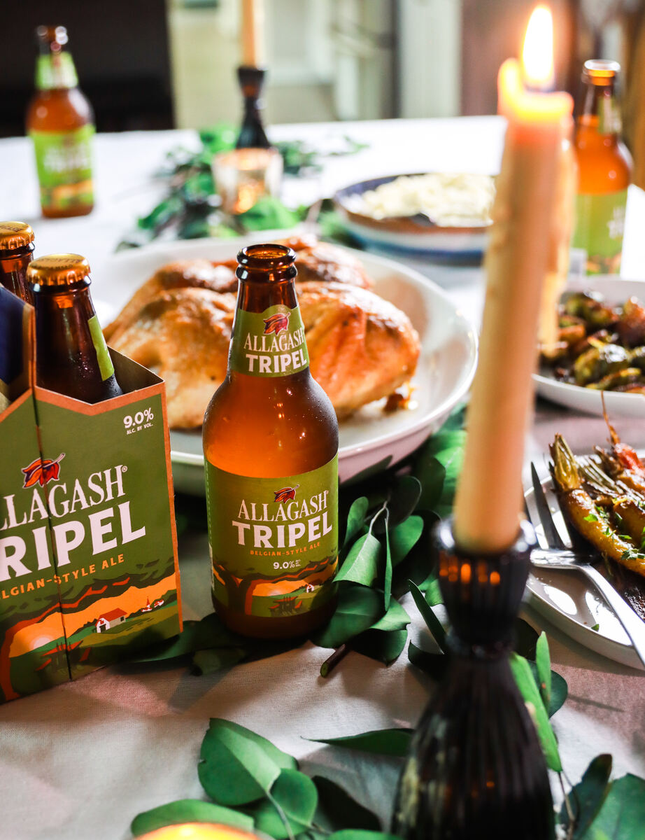 Allagash Tripel on a fully decked out table. The perfect celebratory beer.