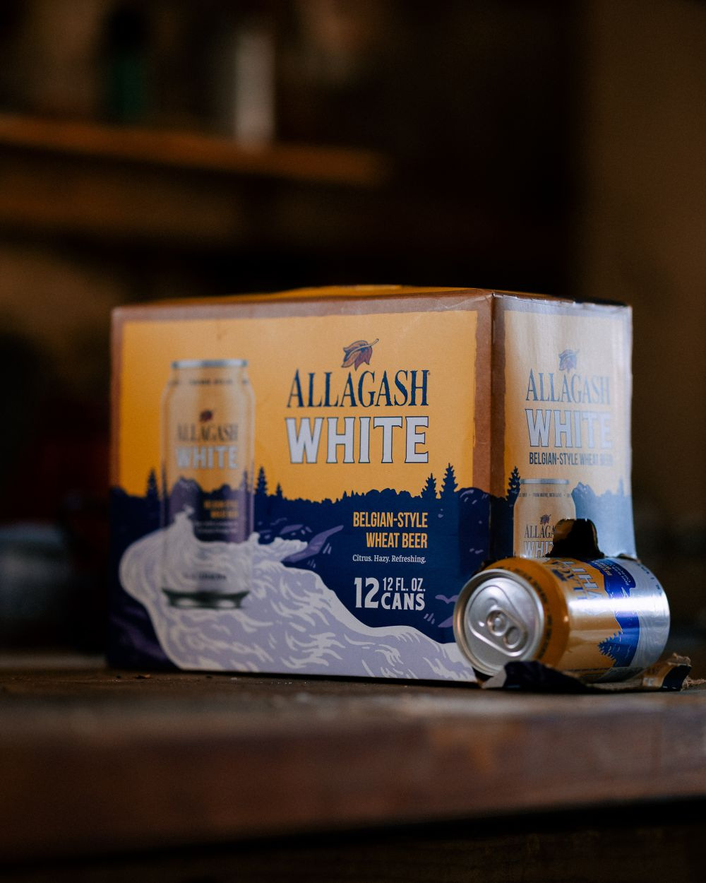 Allagash White 12-pack on a table