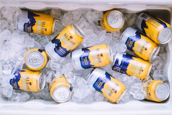 Cold cans of Allagash White in a cooler