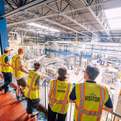AllagashTourPic_4 Group of tour goers looks over the railing into the packaging hall at Allagash Brewing Company