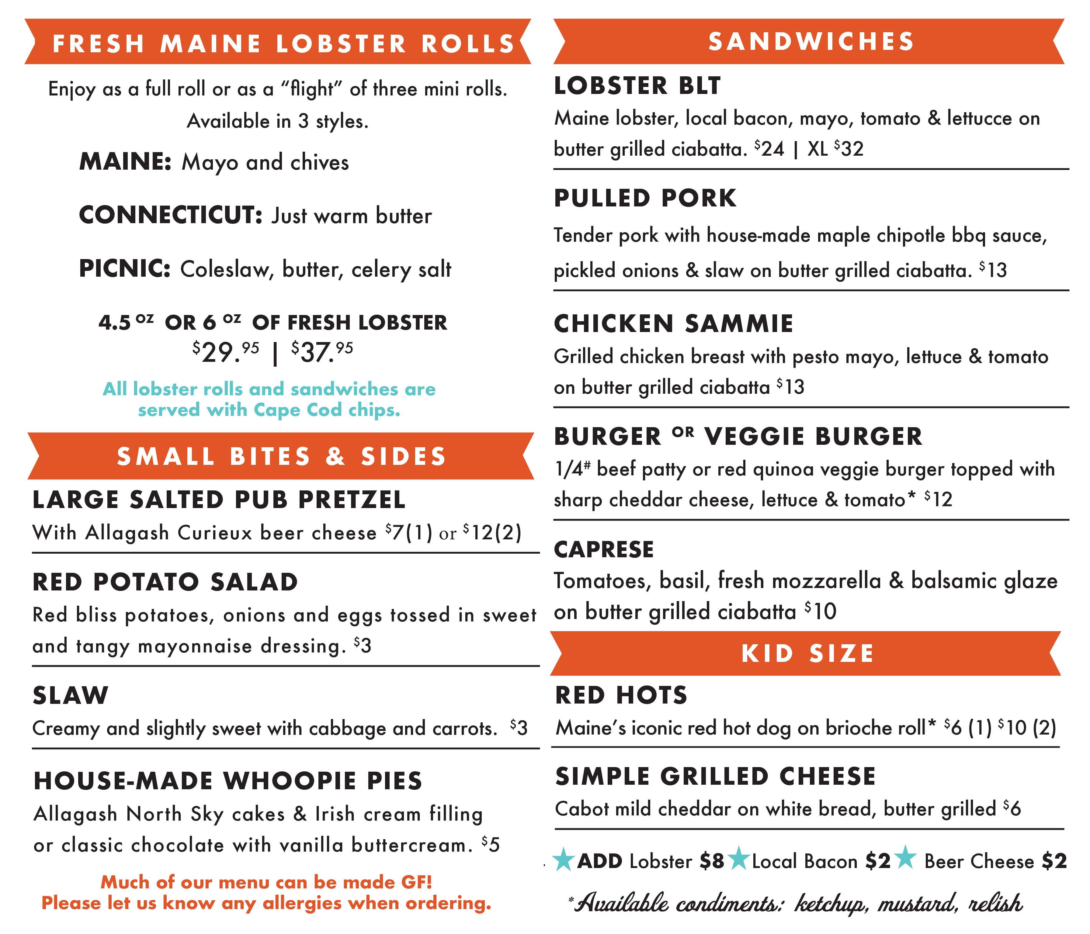 The menu for Bite into Maine at Allagash Brewing as of 7-2-24