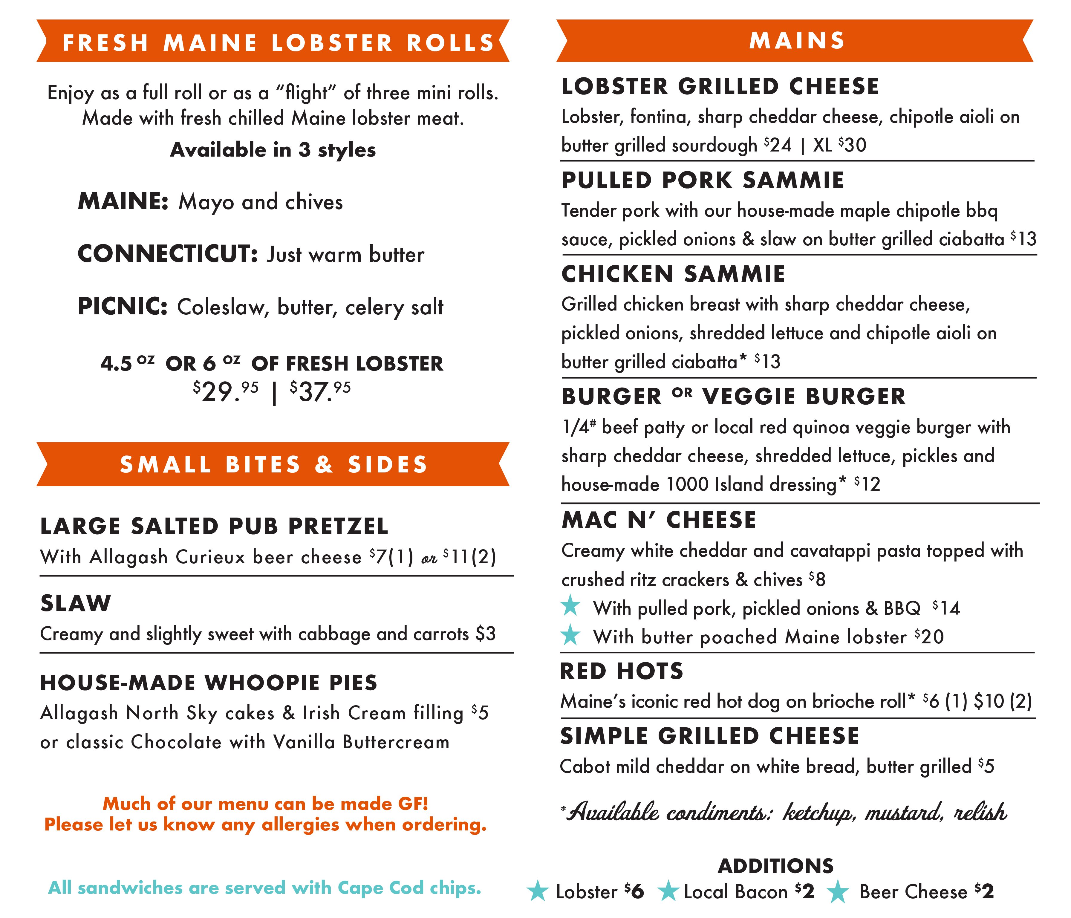 The menu for Bite into Maine at Allagash Brewing as of 7-2-24