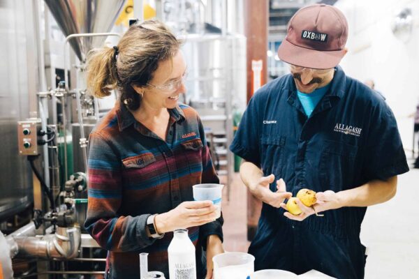 The head of Allagash HR Celine joins Patrick, one of our head brewers, for a pilot brew.