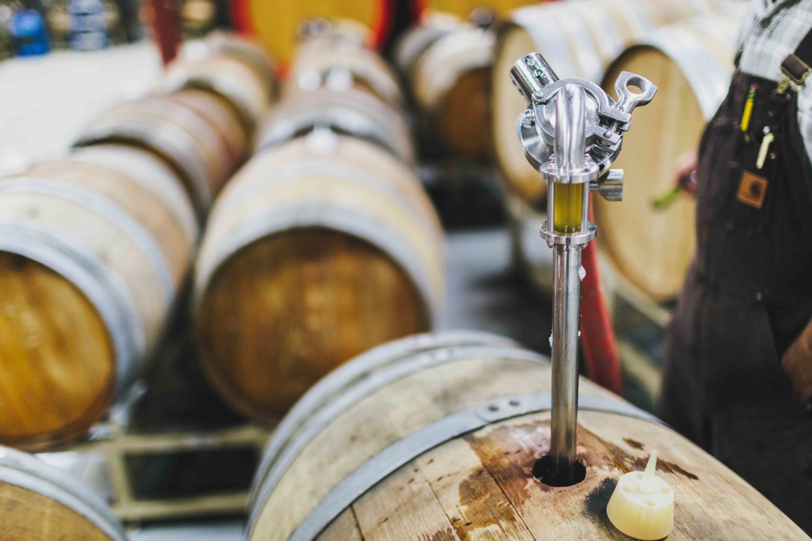 Filling a barrel with spontaneously fermented coolship beer at Allagash