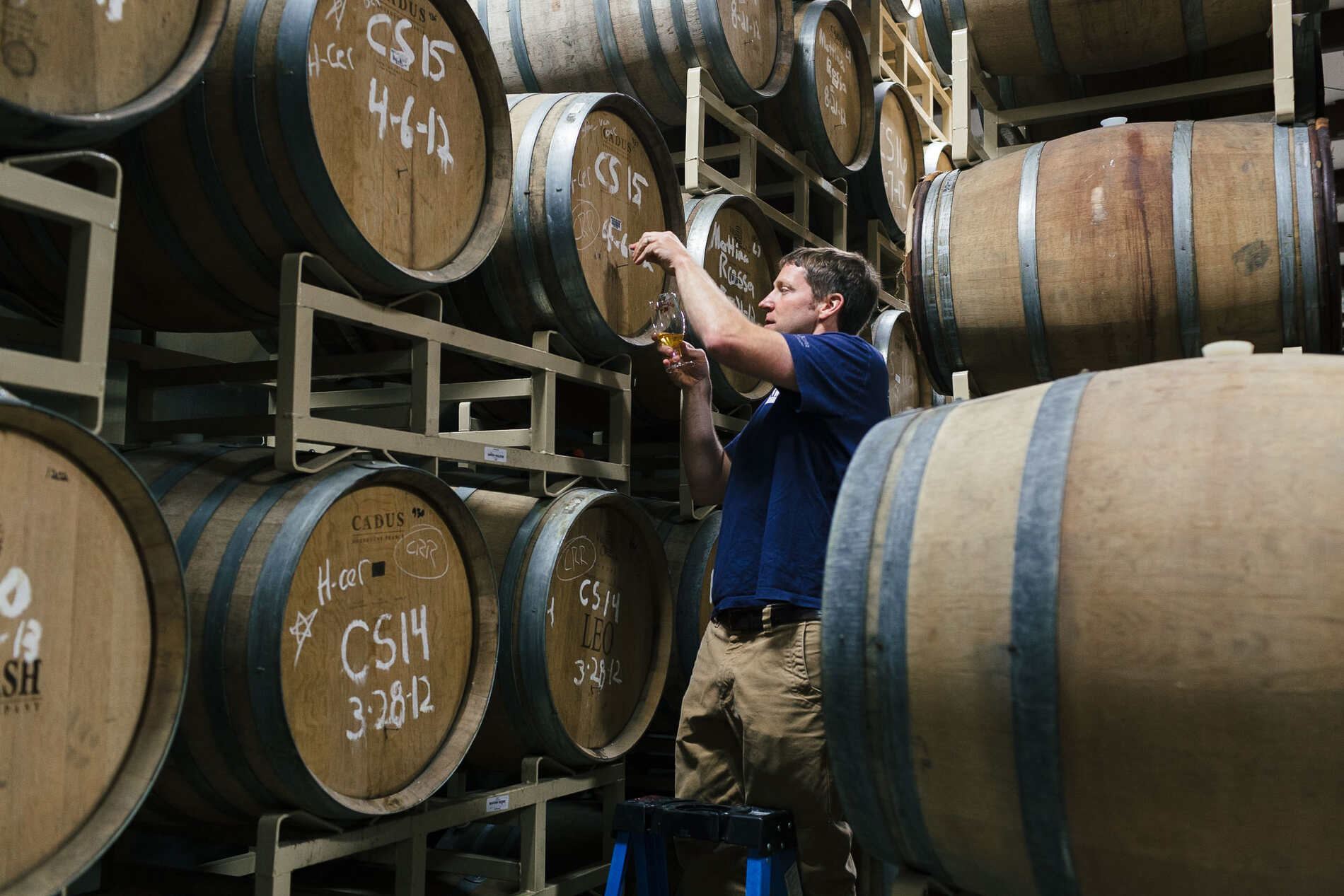 Allagash Brewmaster samples from a barrel of spontaneously fermented beer.