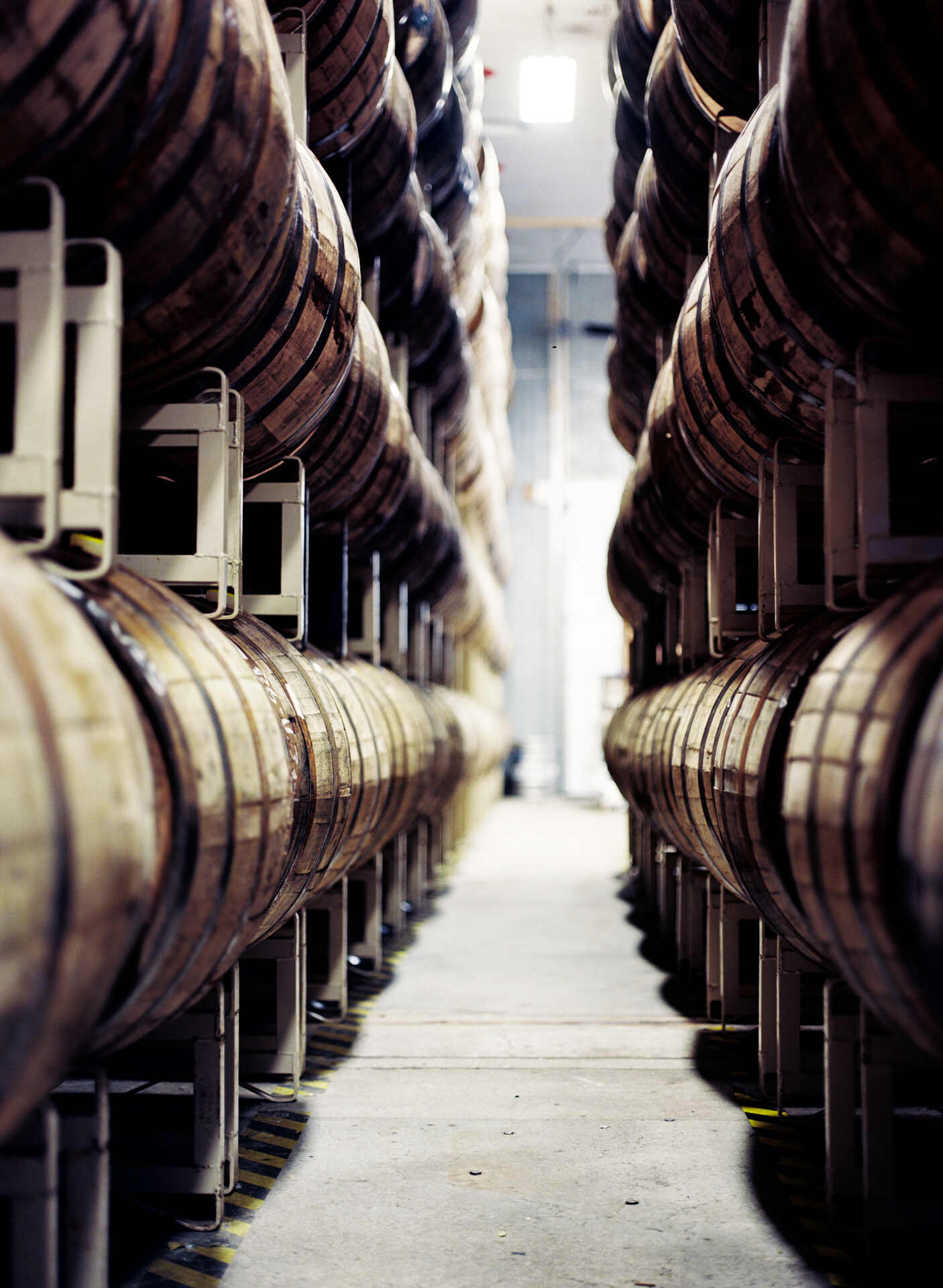 Rows of barrels at Allagash brewing company