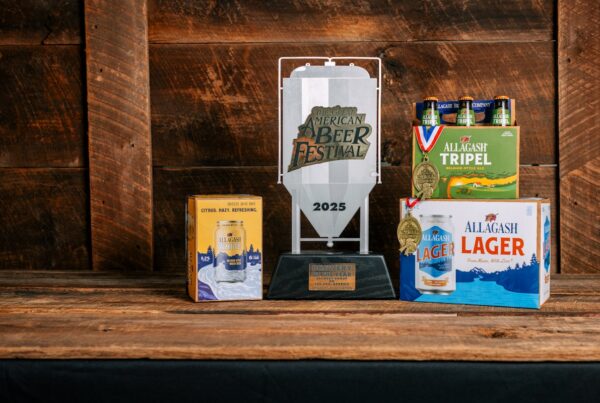 Allagash Lager and Tripel with their GABF Gold medals, sitting beside our Brewery of The Year award.