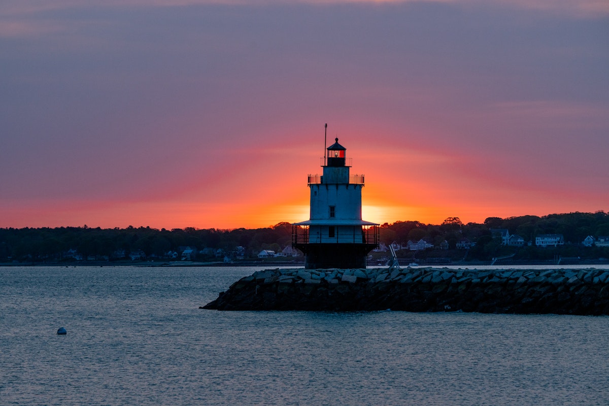 A view of Spring Point Ledge Lighthouse from the peninsula of portland, courtesy of Allagash Brewing Co.