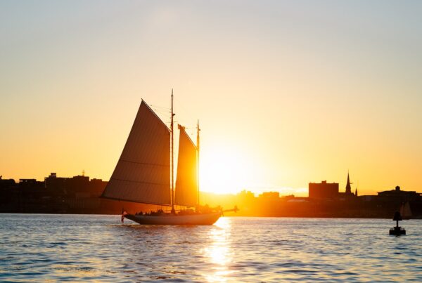 fish's eye view of a sailboat in casco bay.