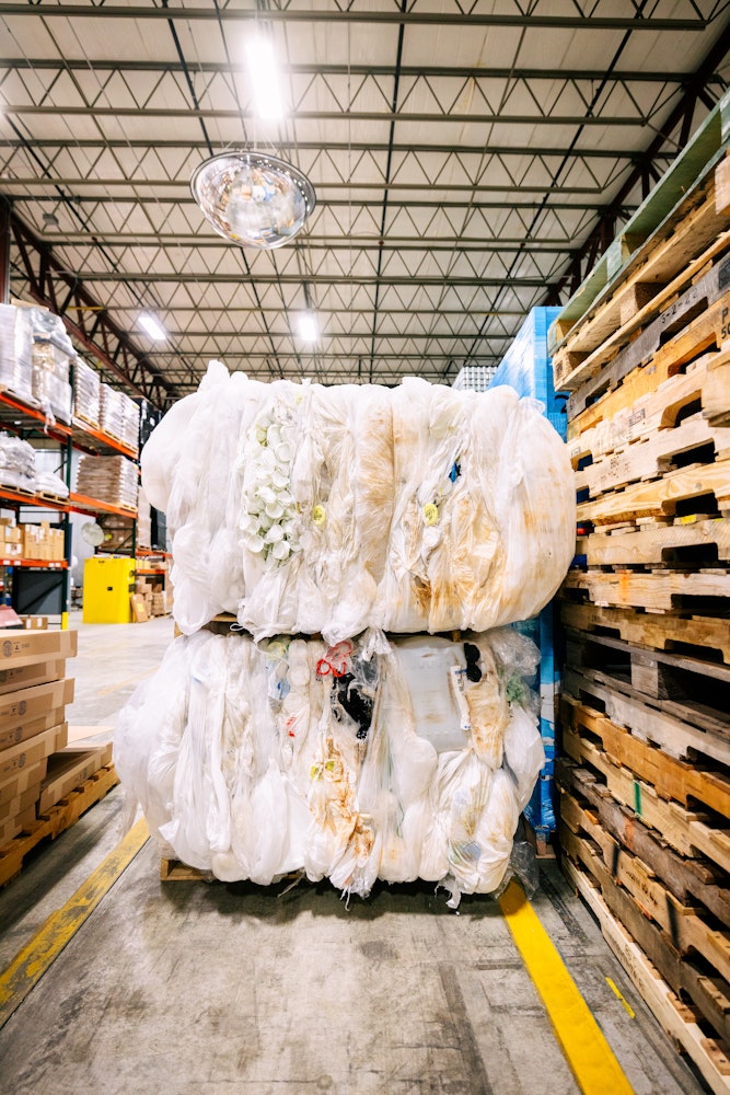 Plastic ready to go to be sent off for recycling into plastic decking board.